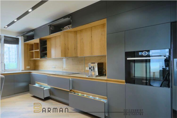 کابینت آشپزخانه ترکیبی با طرح چوب در کابینت سازی در تهران پاسداران
